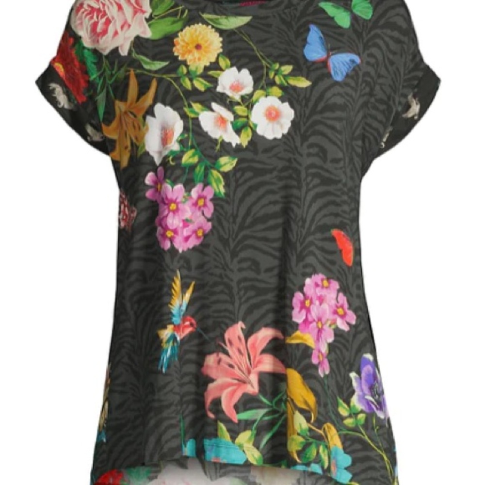 Johnny Was Black Graphic Cap Sleeve T-Shirt